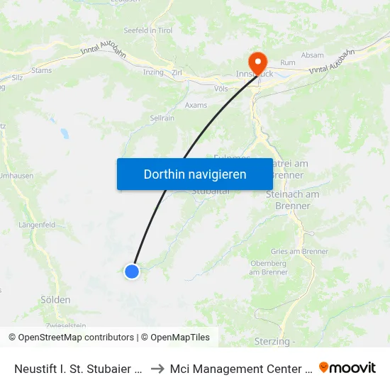 Neustift I. St. Stubaier Gletscher to Mci Management Center Innsbruck map