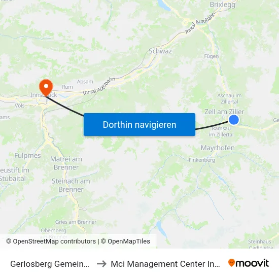Gerlosberg Gemeindeamt to Mci Management Center Innsbruck map