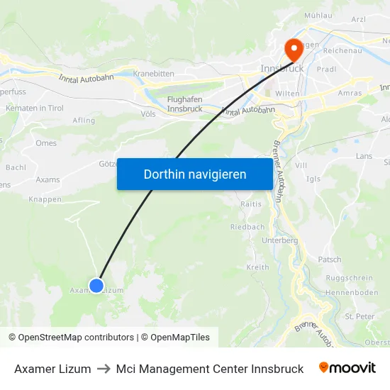 Axamer Lizum to Mci Management Center Innsbruck map
