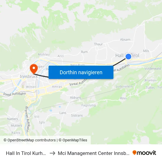 Hall In Tirol Kurhaus to Mci Management Center Innsbruck map