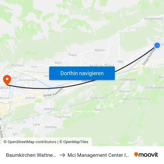 Baumkirchen Wattnerstraße to Mci Management Center Innsbruck map