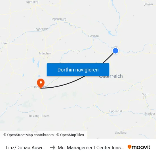 Linz/Donau Auwiesen to Mci Management Center Innsbruck map