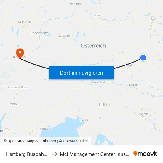 Hartberg Busbahnhof to Mci Management Center Innsbruck map