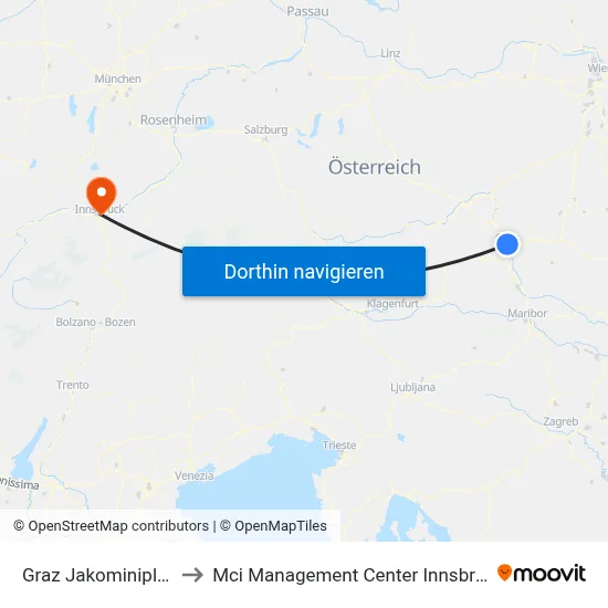 Graz Jakominiplatz to Mci Management Center Innsbruck map