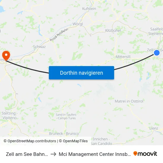 Zell am See Bahnhof to Mci Management Center Innsbruck map