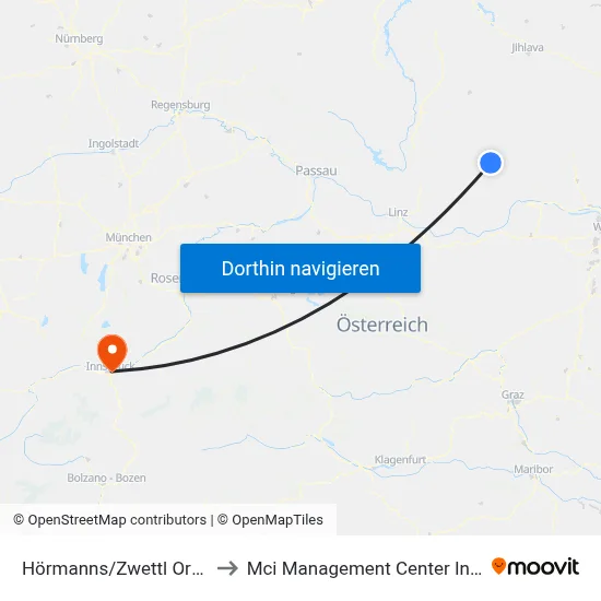 Hörmanns/Zwettl Ortsmitte to Mci Management Center Innsbruck map