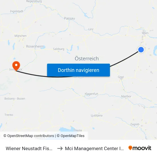 Wiener Neustadt Fischapark to Mci Management Center Innsbruck map