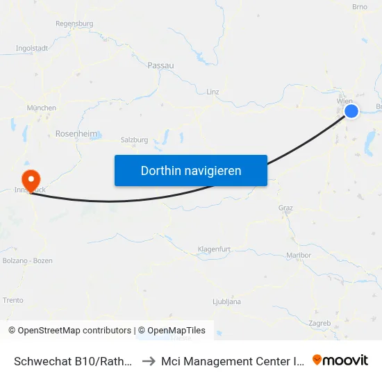 Schwechat B10/Rathausplatz to Mci Management Center Innsbruck map