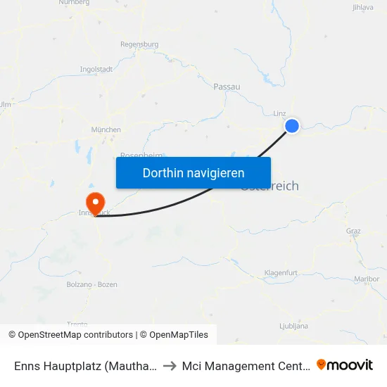Enns Hauptplatz (Mauthausner Straße) to Mci Management Center Innsbruck map