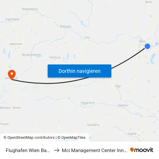 Flughafen Wien Bahnhof to Mci Management Center Innsbruck map