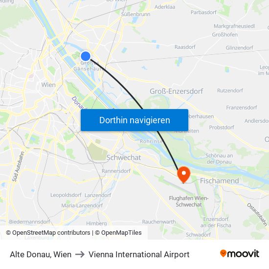 Alte Donau, Wien to Vienna International Airport map