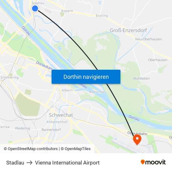 Stadlau to Vienna International Airport map