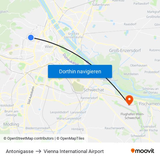 Antonigasse to Vienna International Airport map