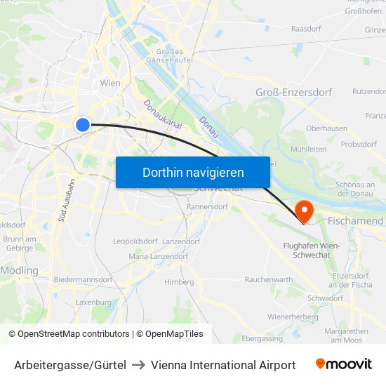 Arbeitergasse/Gürtel to Vienna International Airport map