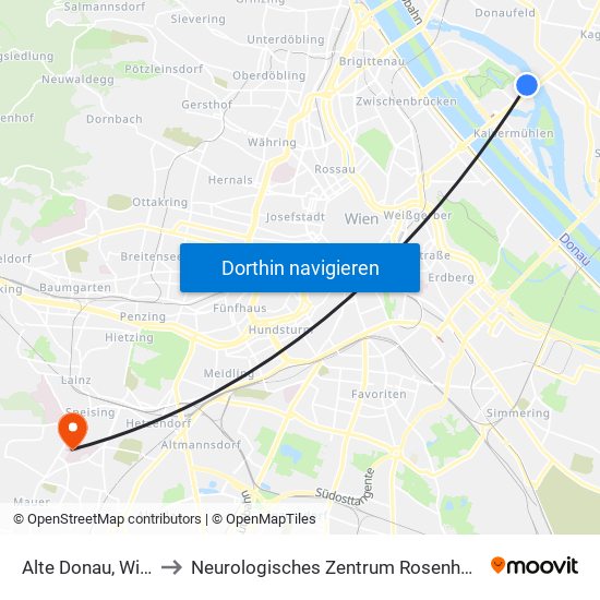 Alte Donau, Wien to Neurologisches Zentrum Rosenhügel map