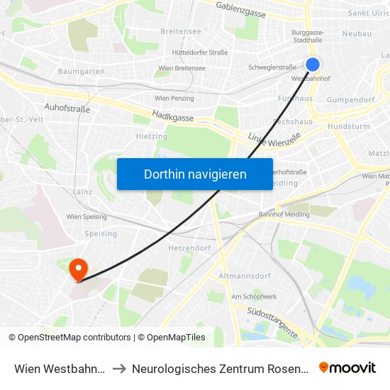 Wien Westbahnhof to Neurologisches Zentrum Rosenhügel map