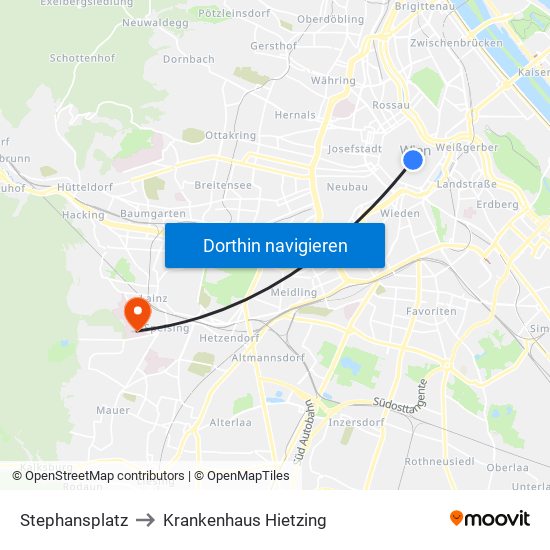 Stephansplatz to Krankenhaus Hietzing map