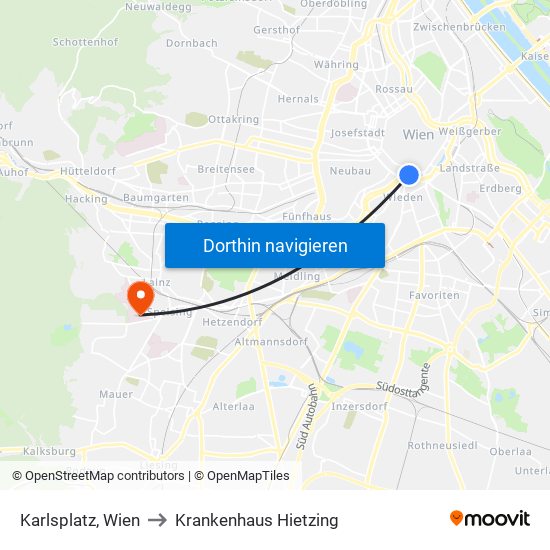 Karlsplatz, Wien to Krankenhaus Hietzing map
