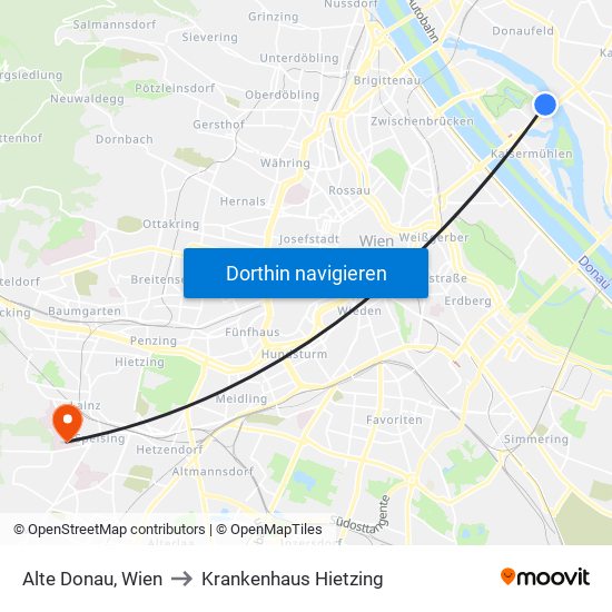 Alte Donau, Wien to Krankenhaus Hietzing map