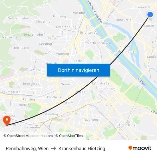 Rennbahnweg, Wien to Krankenhaus Hietzing map