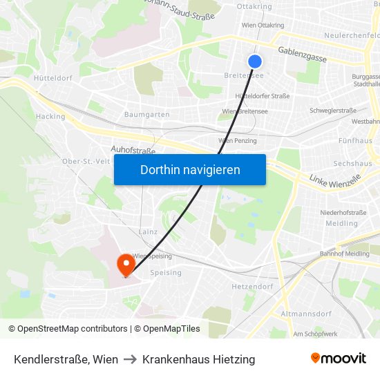 Kendlerstraße, Wien to Krankenhaus Hietzing map