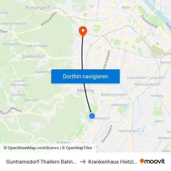Guntramsdorf-Thallern Bahnhof to Krankenhaus Hietzing map