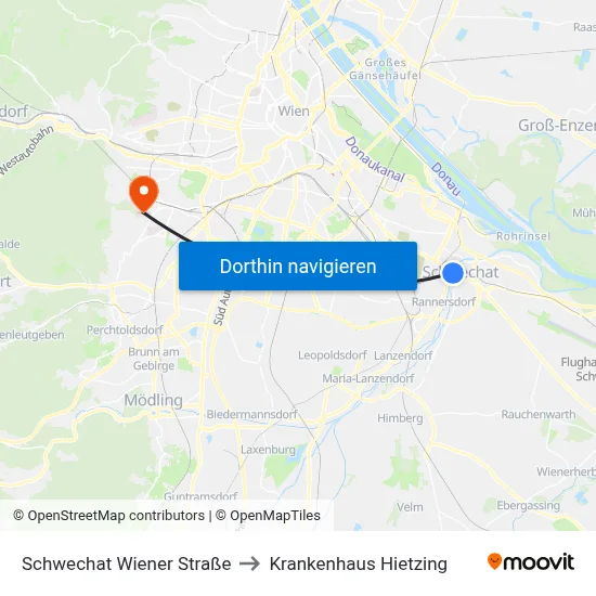 Schwechat Wiener Straße to Krankenhaus Hietzing map