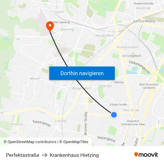 Perfektastraße to Krankenhaus Hietzing map