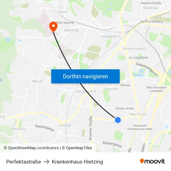 Perfektastraße to Krankenhaus Hietzing map