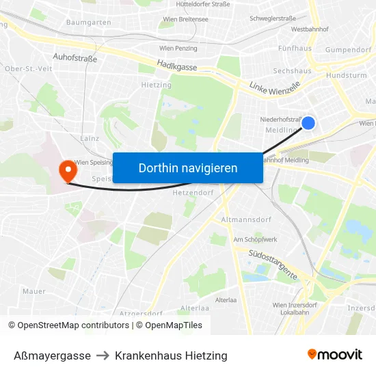 Aßmayergasse to Krankenhaus Hietzing map