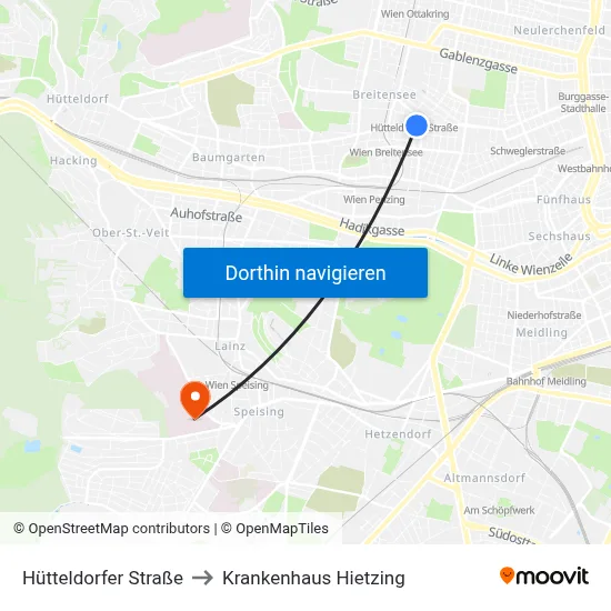 Hütteldorfer Straße to Krankenhaus Hietzing map