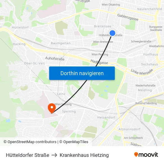 Hütteldorfer Straße to Krankenhaus Hietzing map