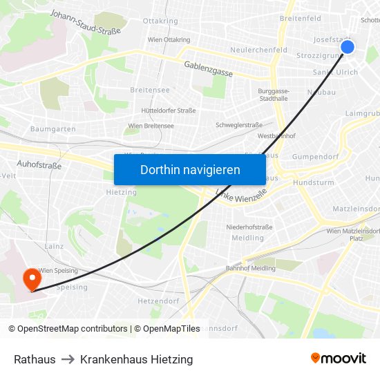 Rathaus to Krankenhaus Hietzing map