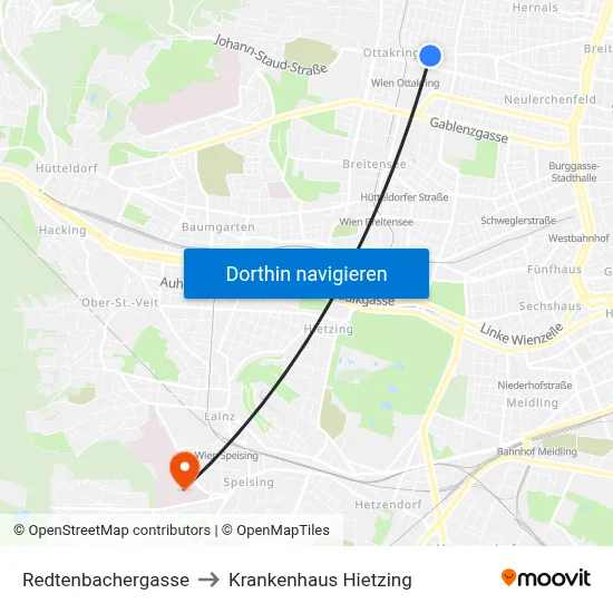 Redtenbachergasse to Krankenhaus Hietzing map