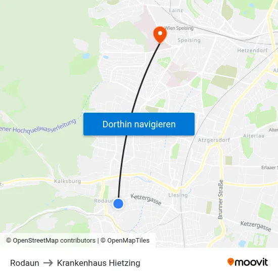 Rodaun to Krankenhaus Hietzing map