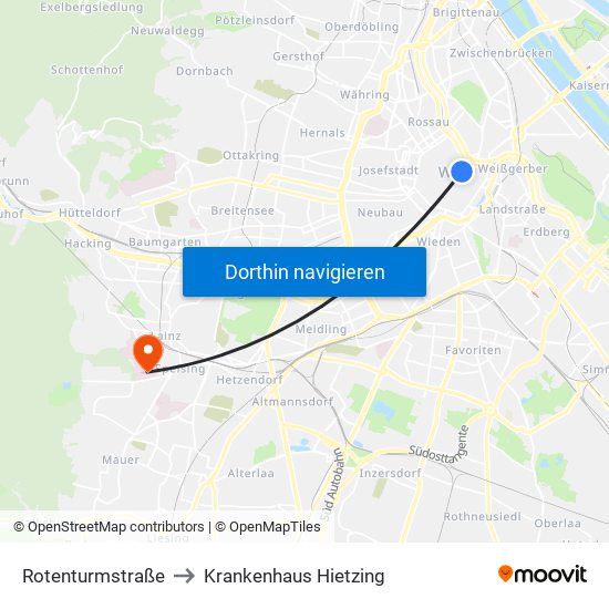 Rotenturmstraße to Krankenhaus Hietzing map