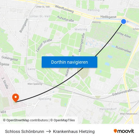 Schloss Schönbrunn to Krankenhaus Hietzing map