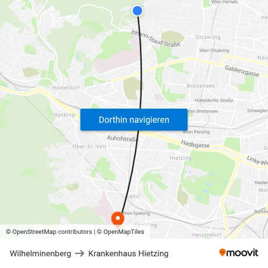 Wilhelminenberg to Krankenhaus Hietzing map