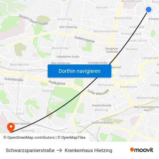 Schwarzspanierstraße to Krankenhaus Hietzing map