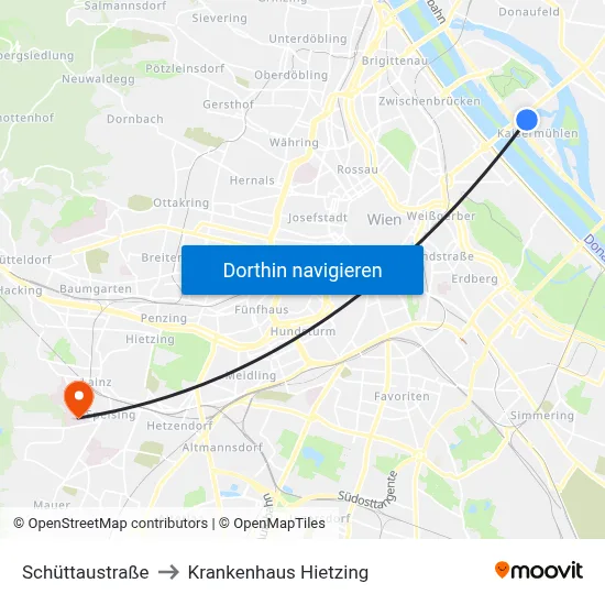 Schüttaustraße to Krankenhaus Hietzing map