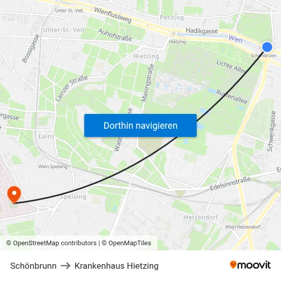 Schönbrunn to Krankenhaus Hietzing map