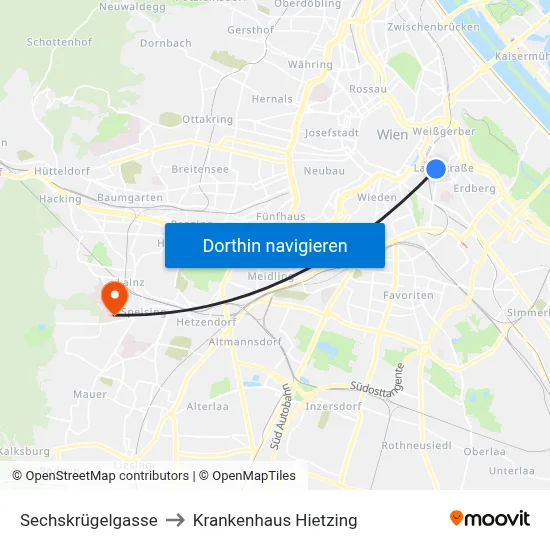 Sechskrügelgasse to Krankenhaus Hietzing map