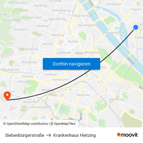 Siebenbürgerstraße to Krankenhaus Hietzing map