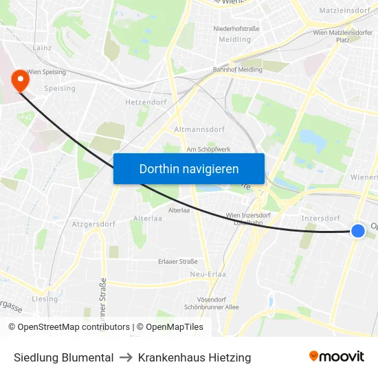 Siedlung Blumental to Krankenhaus Hietzing map