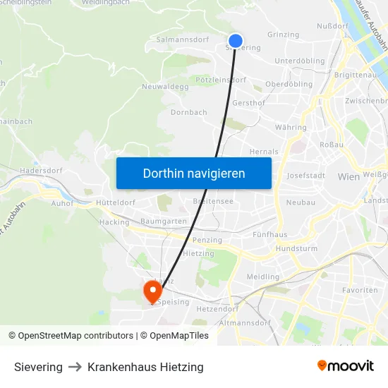 Sievering to Krankenhaus Hietzing map