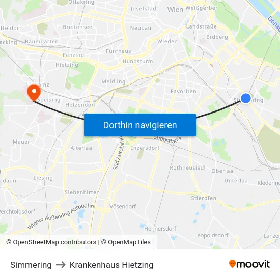 Simmering to Krankenhaus Hietzing map
