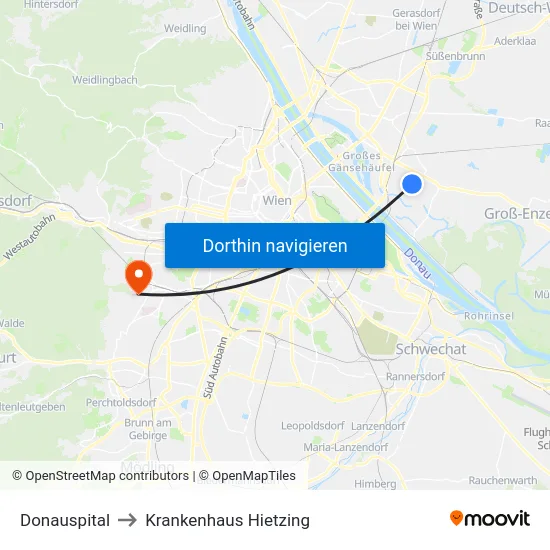 Donauspital to Krankenhaus Hietzing map