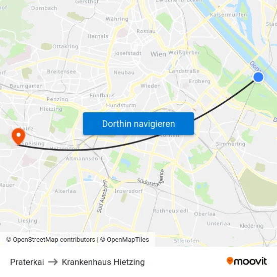 Praterkai to Krankenhaus Hietzing map