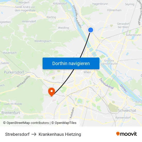 Strebersdorf to Krankenhaus Hietzing map