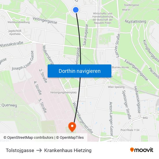 Tolstojgasse to Krankenhaus Hietzing map